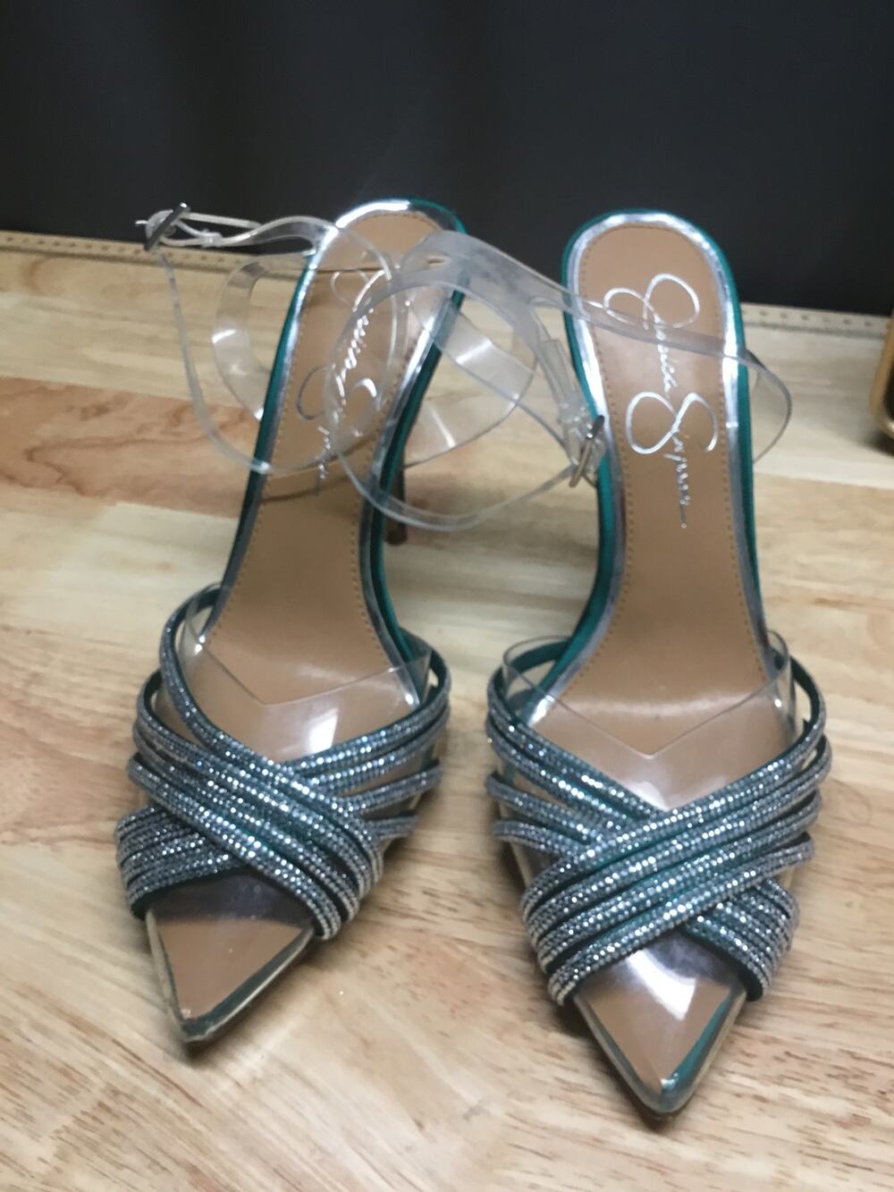 Jessica Simpson Wamblee Sandals Women 8 Green Satin Rhinestone Heels Ankle Strap